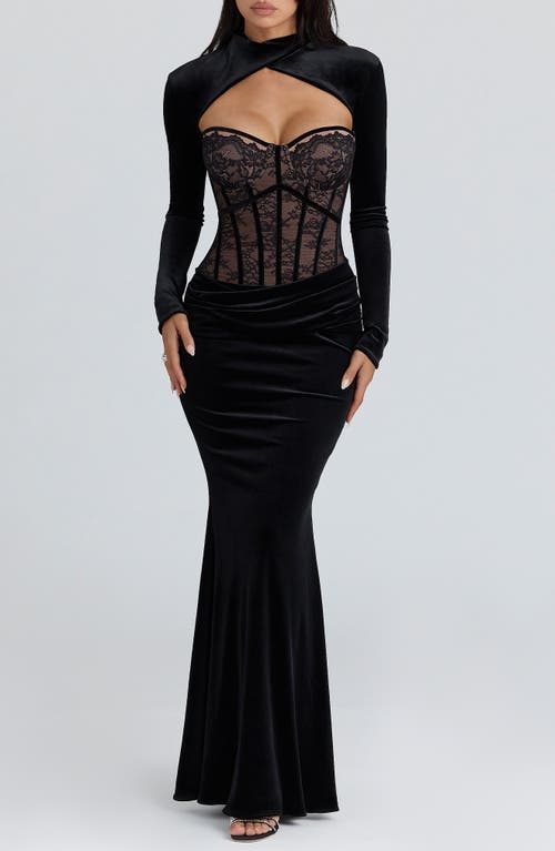 HOUSE OF CB Ayana Strapless Lace & Velvet Mermaid Gown & Bolero Set in Black at Nordstrom, Size X-Small