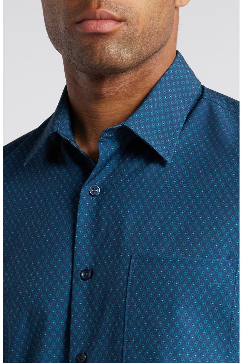 Trim Fit Stretch Performance Print Button-Up Shirt, Alternate, color, NAVY- TEAL ODIE DOT