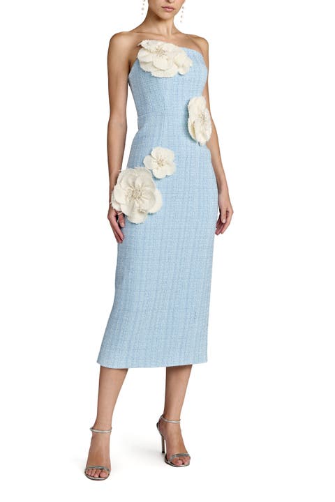 Strapless Boucle Fitted Midi Dress With 3D Flowers