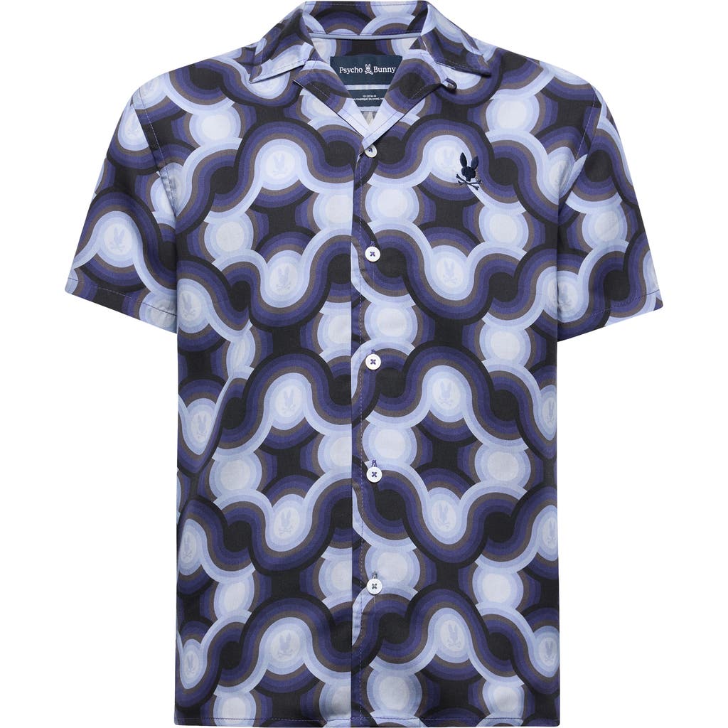 Shop Psycho Bunny Kids' Paros Print Cotton Camp Shirt In Evening Blue