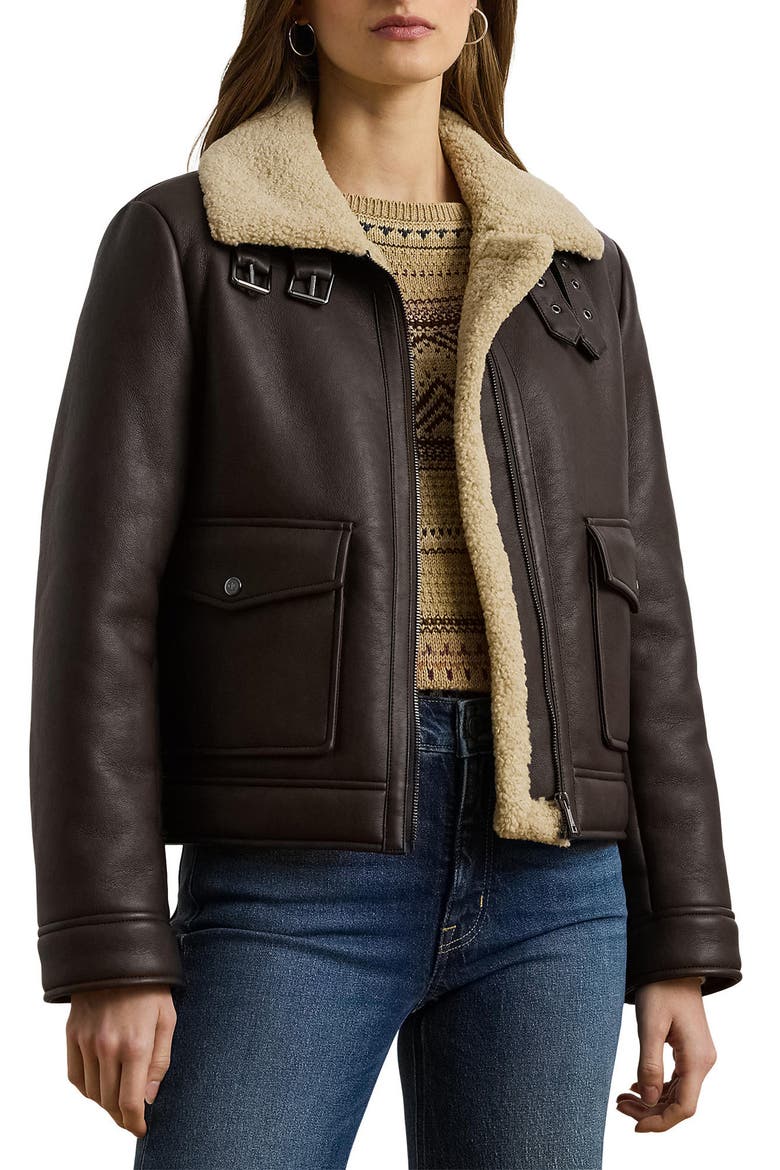 Faux Leather & Faux Shearling Bomber Jacket, Main, color, CIRCUIT BROWN