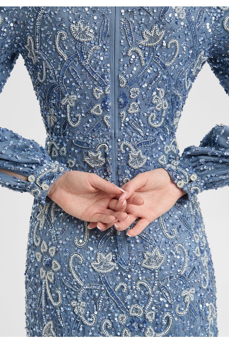 Modest Embellished Sequin Beaded Dress Maxi With Cuff Sleeves, Alternate, color, POWDER BLUE