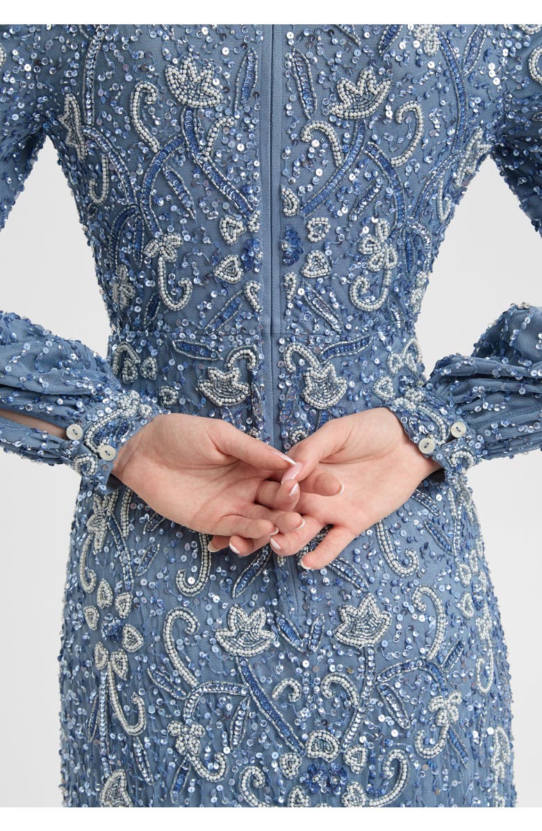 MARYISA Modest Embellished Sequin Beaded Dress Maxi With Cuff Sleeves, Alternate, color, Powder Blue