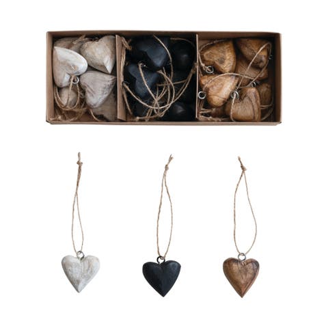 24-Piece Mango Wood Heart Ornaments with Jute Hangers, Natural, Black and Whitewashed