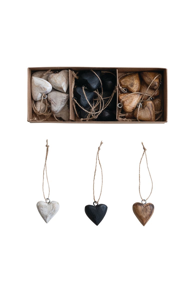 24-Piece Mango Wood Heart Ornaments with Jute Hangers, Natural, Black and Whitewashed, Main, color, Black