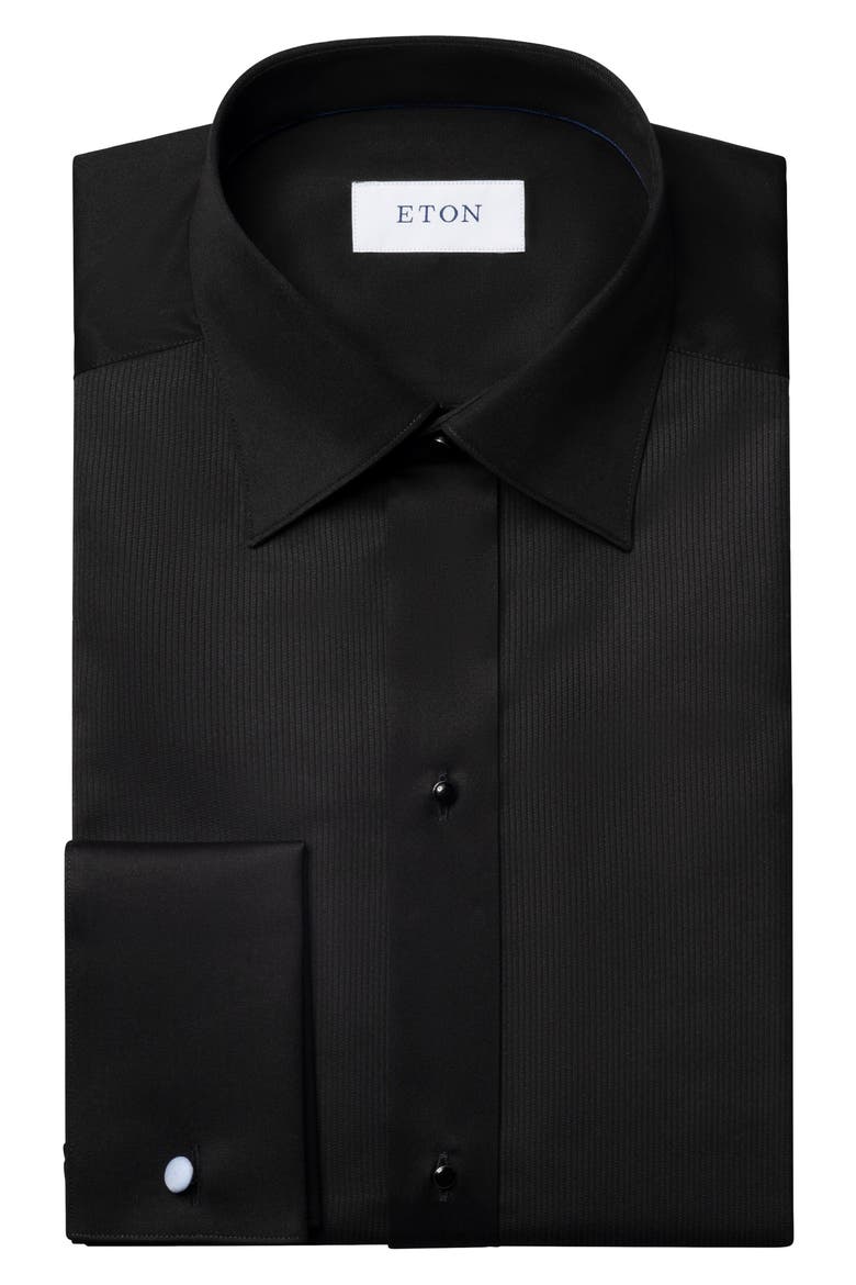 Slim Fit Solid Black Organic Cotton Plissé Tuxedo Shirt, Alternate, color, BLACK