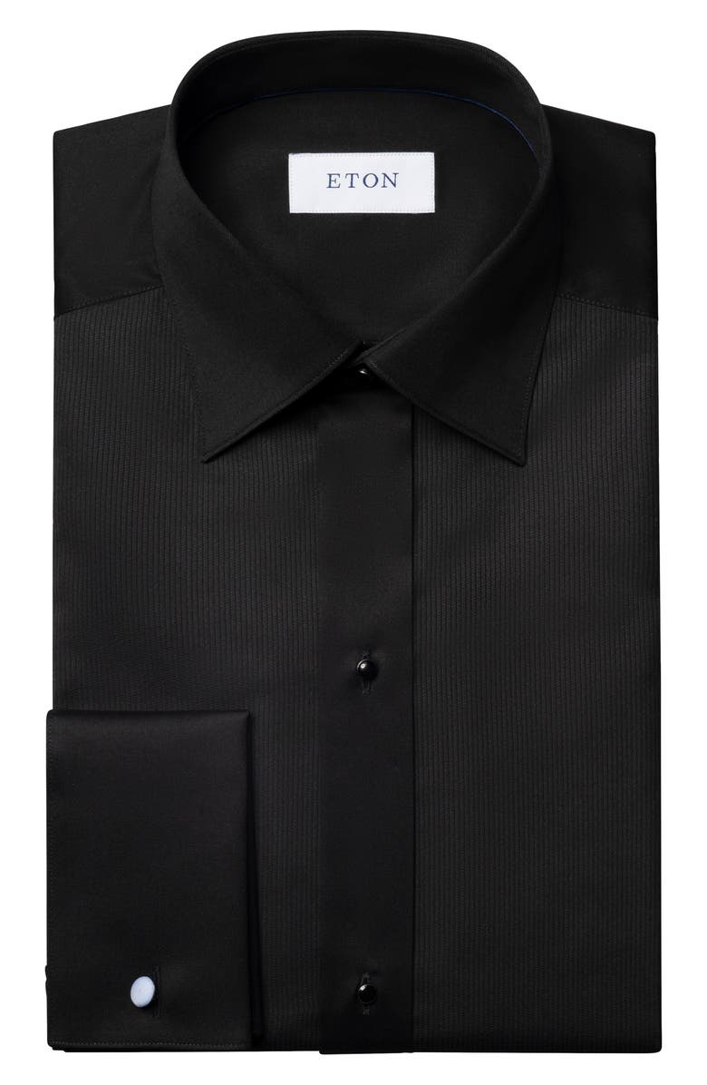 Eton Slim Fit Solid Black Organic Cotton Plissé Tuxedo Shirt, Alternate, color, Black