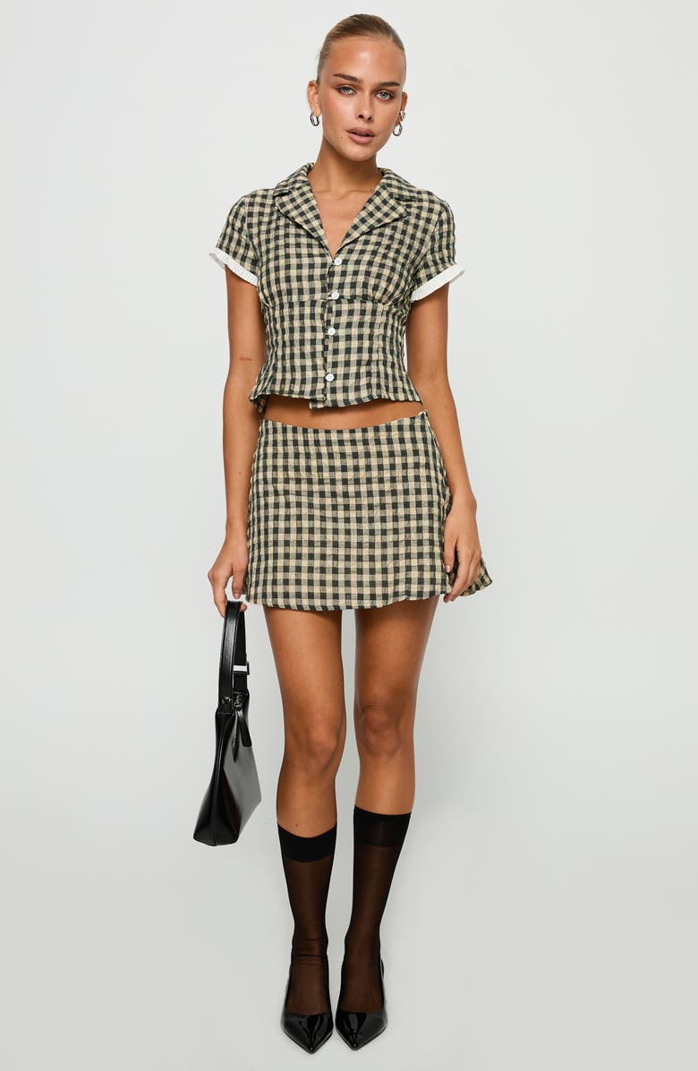 Princess Polly Rhom Check Cotton Crop Button-Up Shirt & Miniskirt Set, Alternate, color, Brown Check