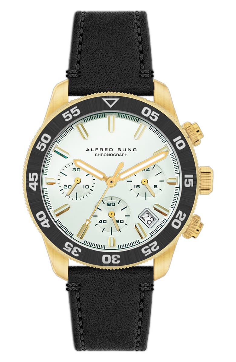 Alfred Sung Chronograph III Leather Strap Watch, 41mm, Main, color, Black Strap/White Dial