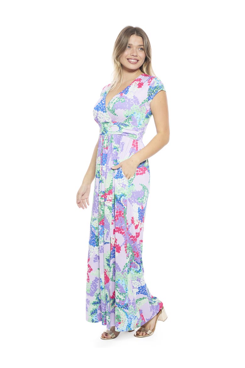 Womens Abstract V-Neck Cap Sleeve Side Slit Pocket A-Line Maxi Dress, Alternate, color, Purple Multi