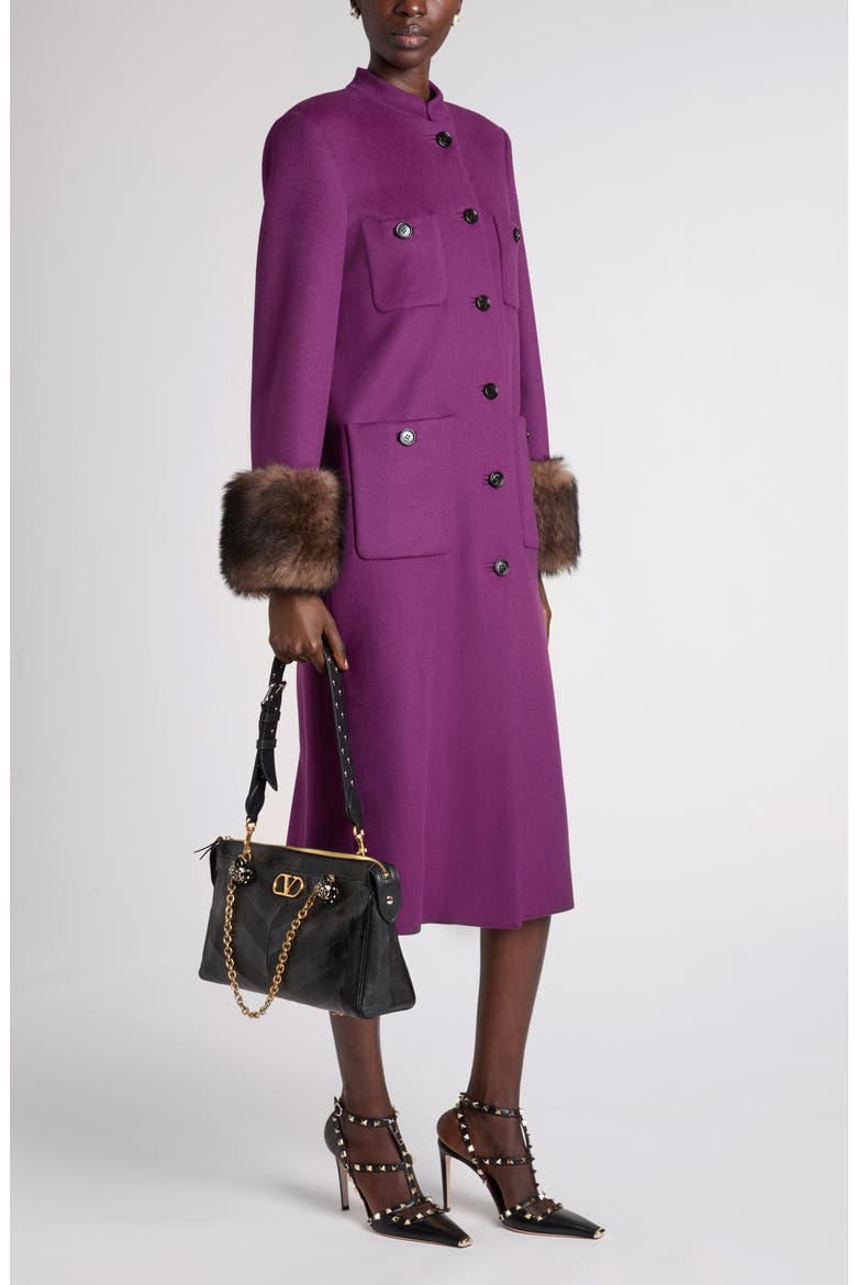 Compact Drape Wool & Cashmere Coat with Genuine Shearling Cuffs, Alternate, color, PURPLE