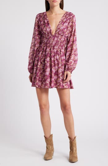 Shop Free People Keep You Long Sleeve Cotton Minidress In Berry Combo