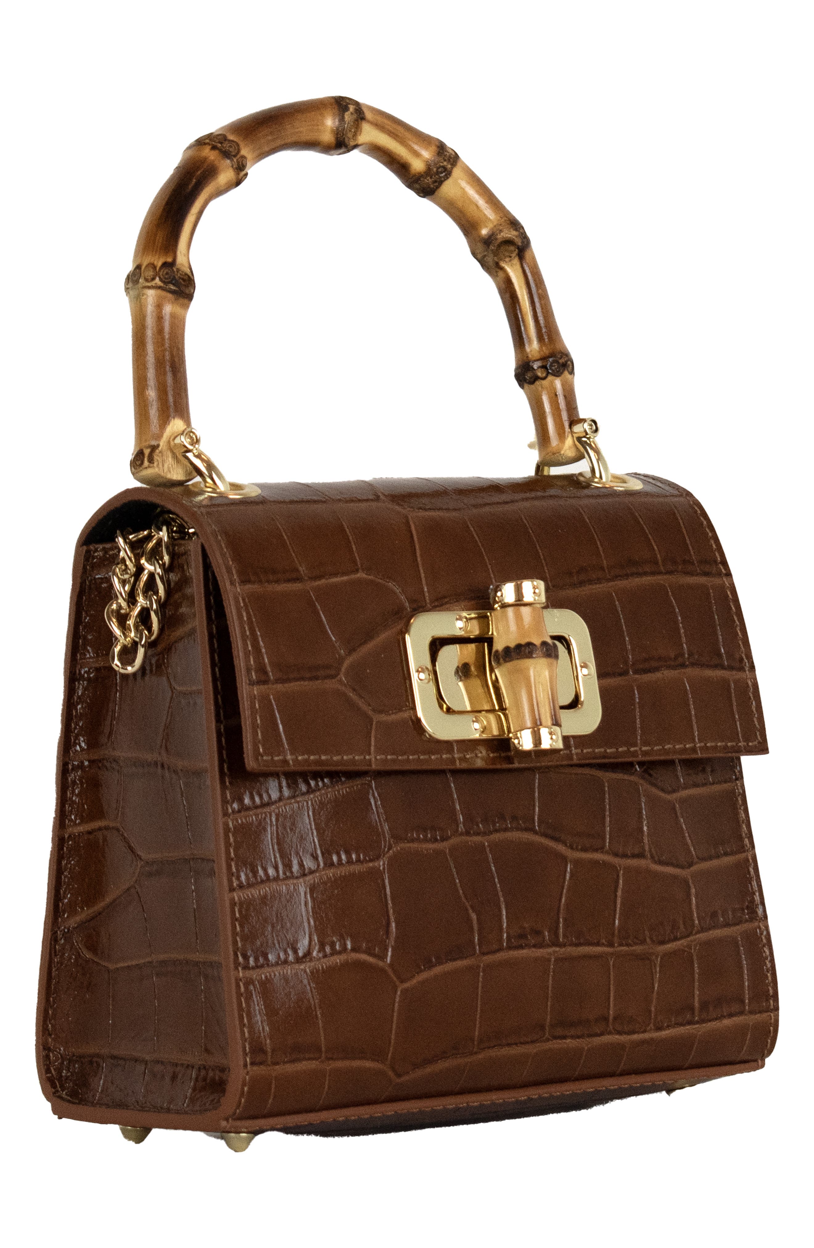 Ellie Croc Embossed Top Handle Bag, Alternate, color, BROWN
