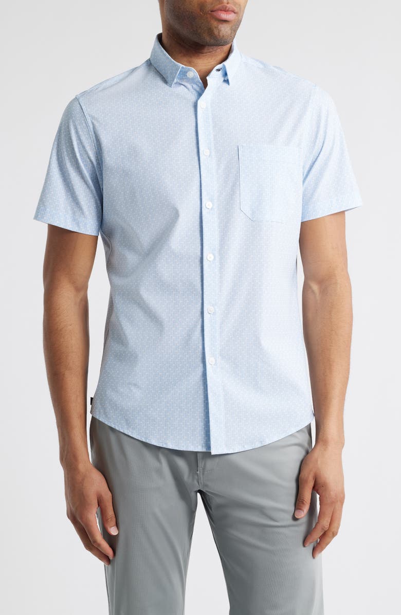 Mizzen+Main Leeward Trim Fit Micropattern Short Sleeve Button-Up Shirt, Main, color, Blue/ White Triangle Dash