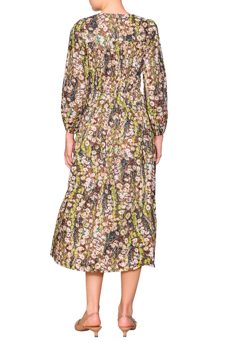 Floral Print Shirred Long Sleeve Midi Dress, Alternate, color, GREEN MULTI