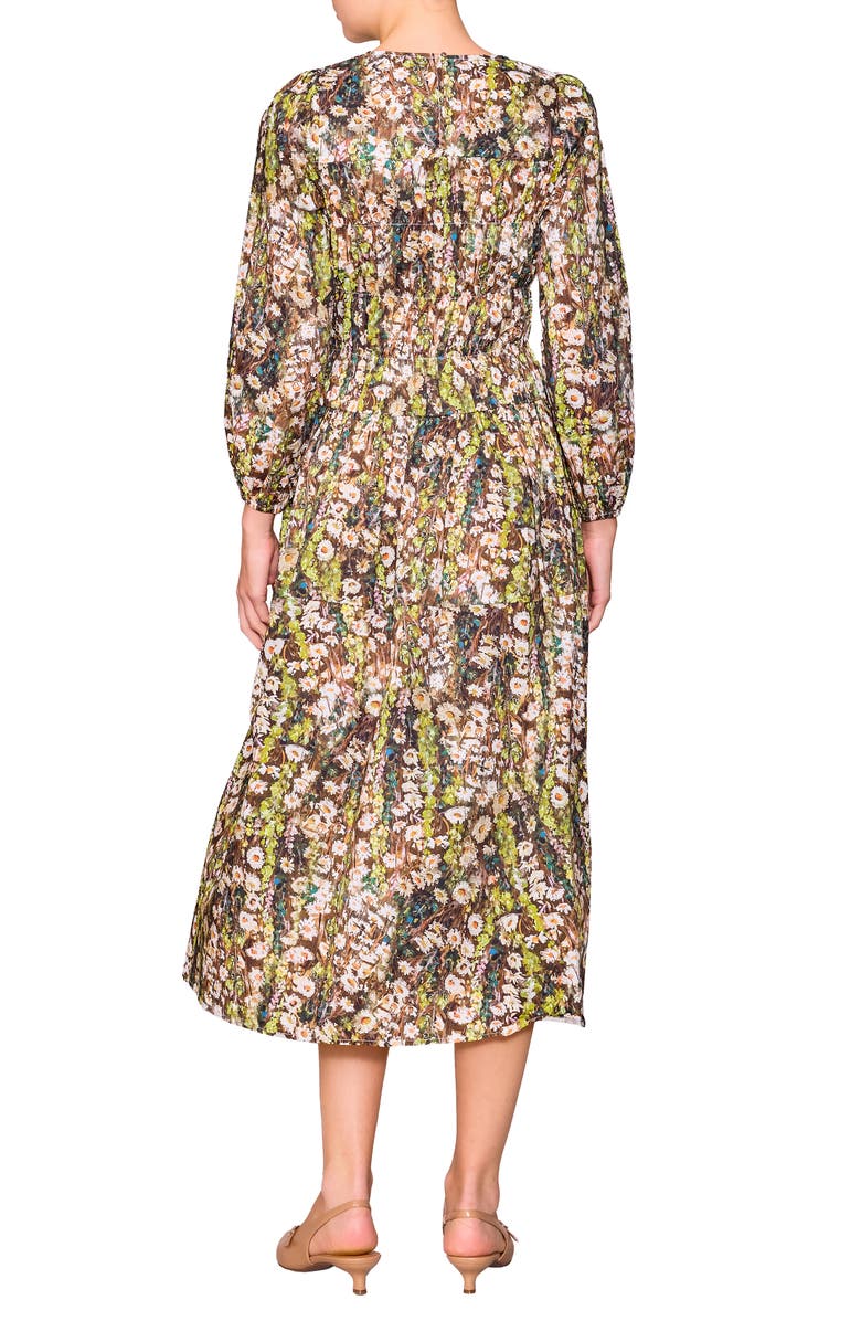 MELLODAY Floral Print Shirred Long Sleeve Midi Dress, Alternate, color, Green Multi
