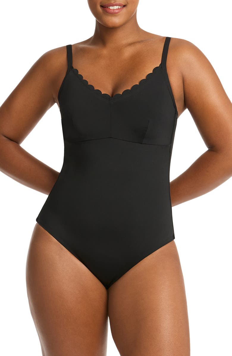 Sea Level Scalloped DD-Cup & E-Cup Underwire One-Piece Swimsuit, Main, color, Black