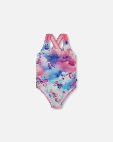 Little Girl's Printed One-Piece Swimsuit Butterflies On Multicolored Background