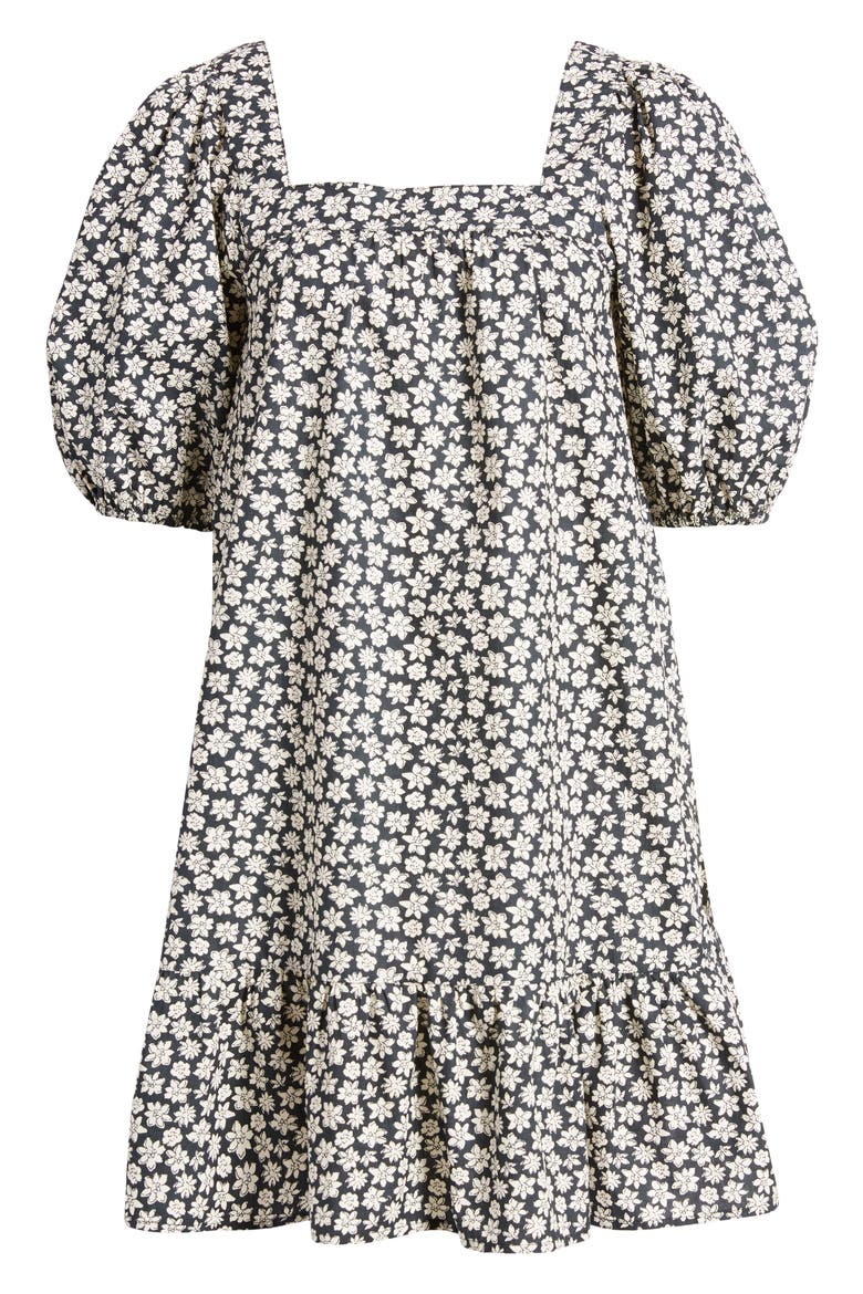 Flirty Mood Floral Puff Sleeve Cotton Dress, Alternate, color, BLACK