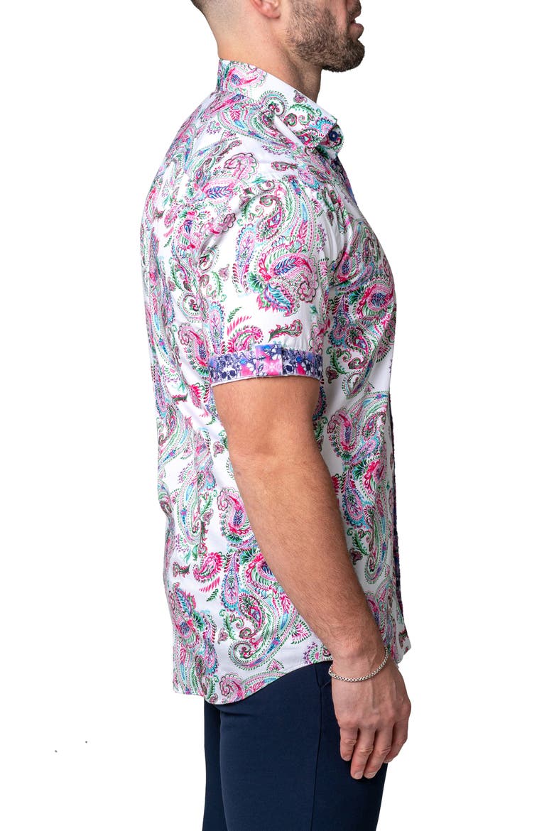 Galileo Paisley Print Short Sleeve Cotton Button-Up Shirt, Alternate, color, WHITE