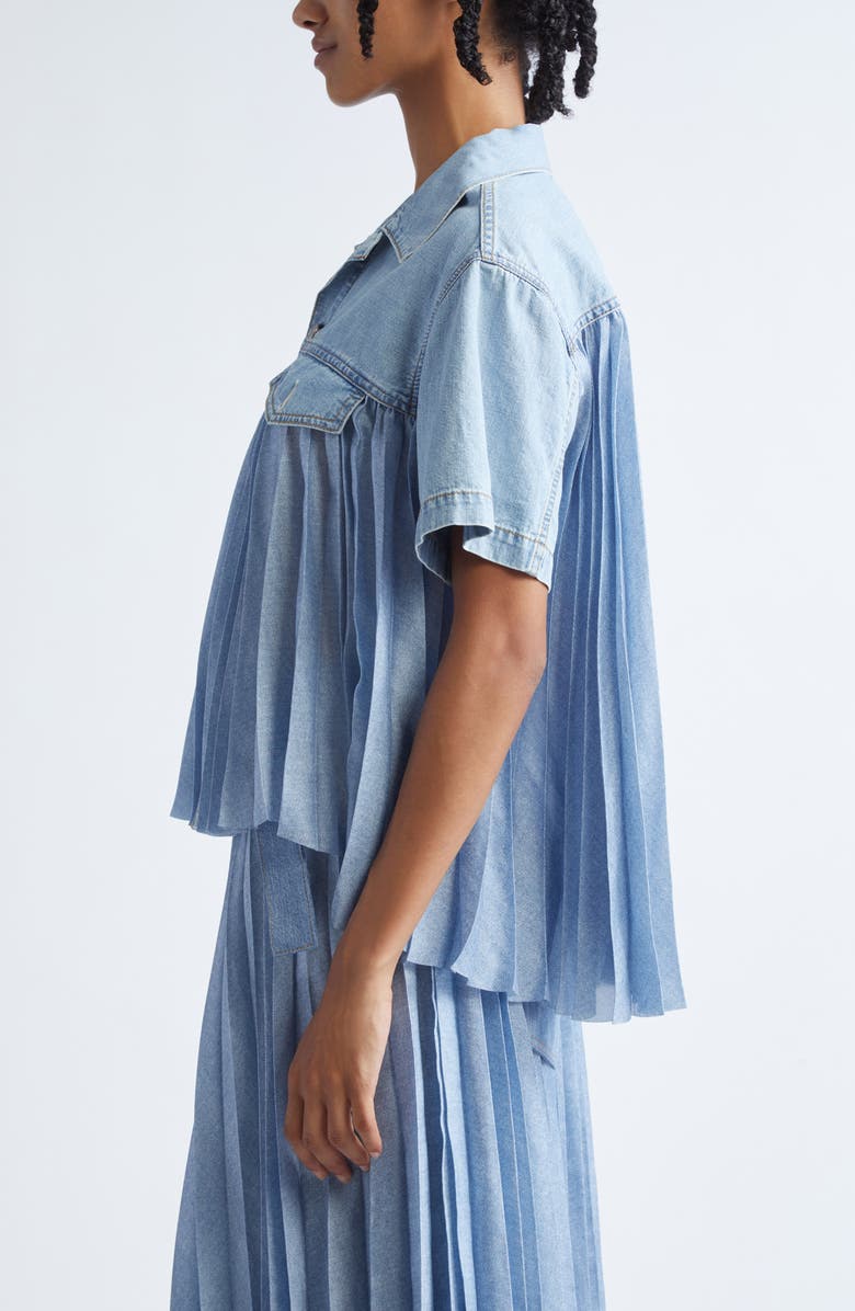 Sacai Mixed Media Short Sleeve Shirt, Alternate, color, Light Blue