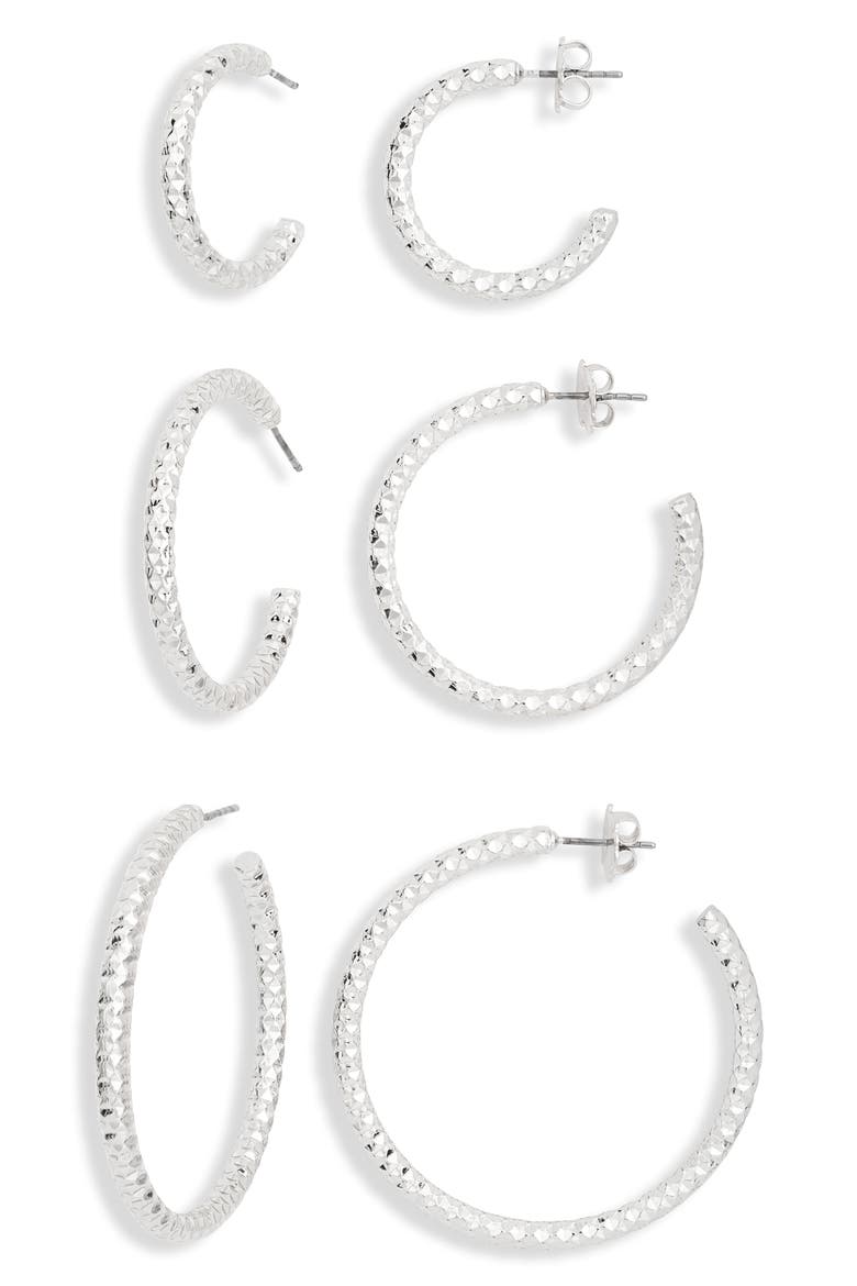 Set of 3 Textured Hoop Earrings, Main, color, SILVER
