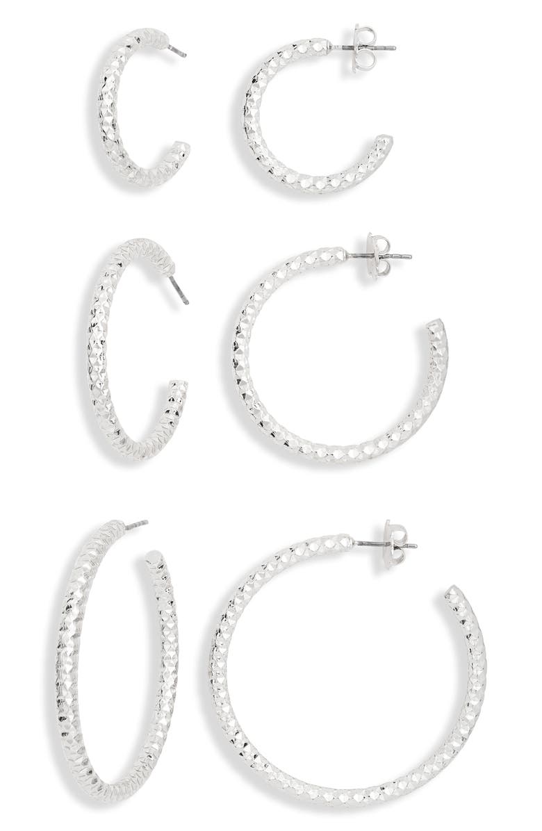 NORDSTROM RACK Set of 3 Textured Hoop Earrings, Main, color, Silver