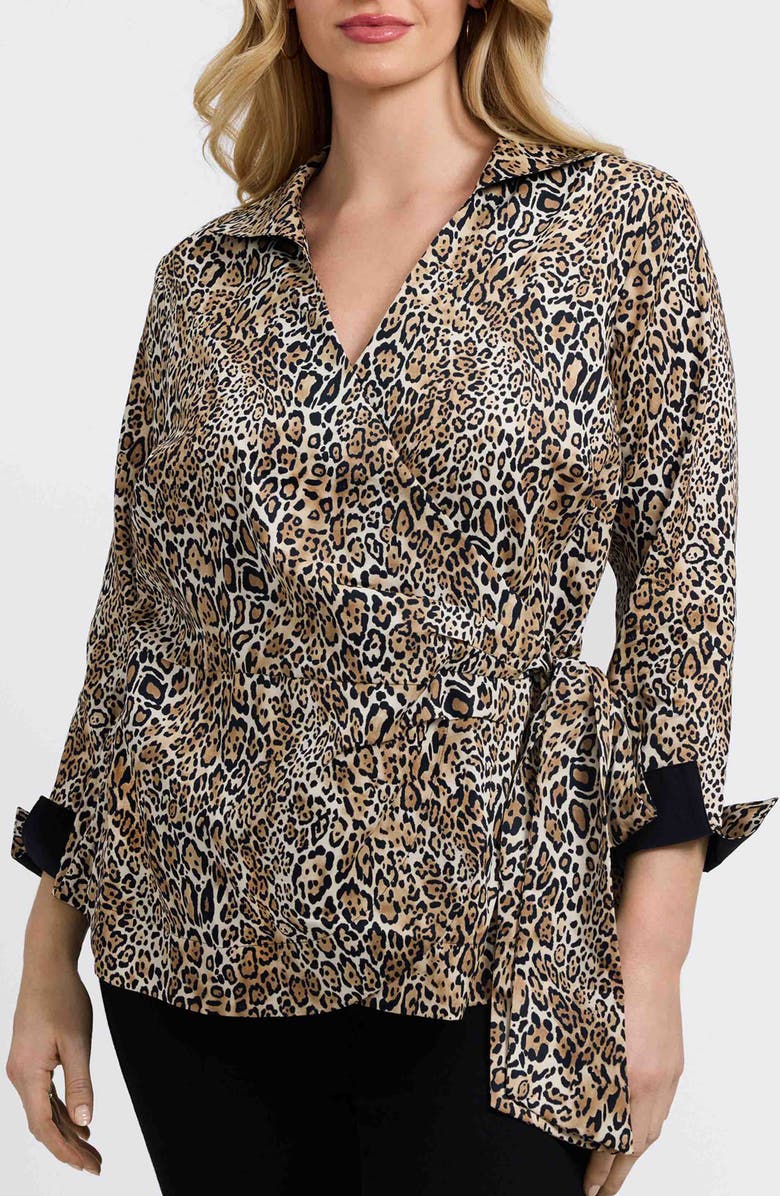 Foxcroft Salina Leopard Print Cotton Poplin Wrap Shirt, Main, color, Brown Multi
