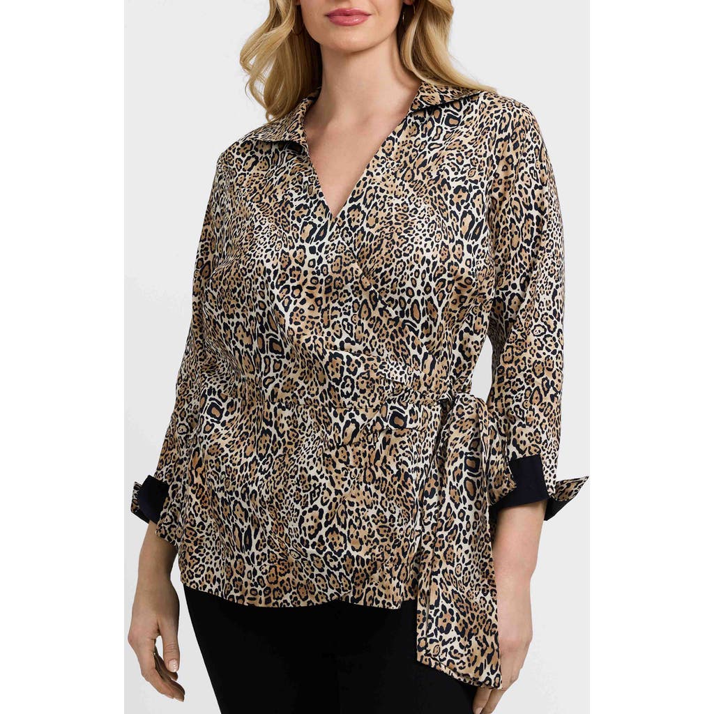 Foxcroft Salina Leopard Print Cotton Poplin Wrap Shirt In Brown