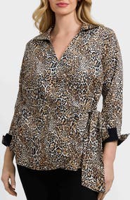 Foxcroft Salina Leopard Print Cotton Poplin Wrap Shirt