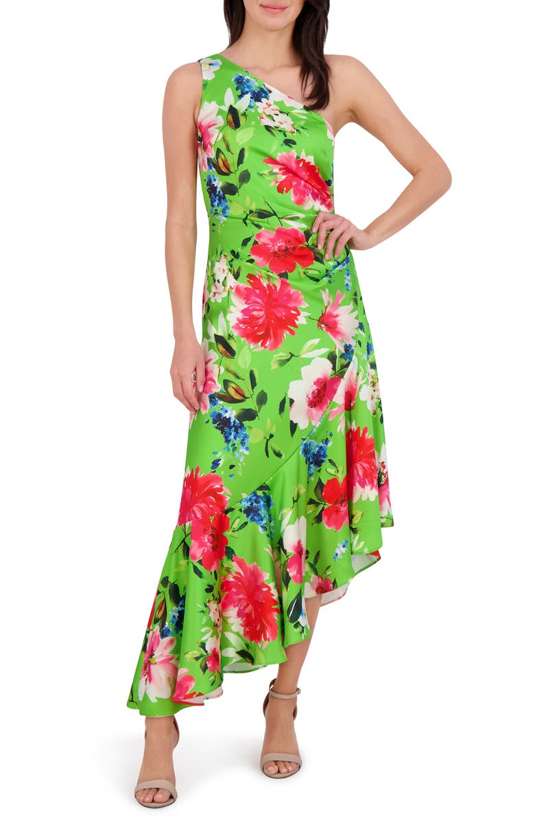 Eliza J One Shoulder Floral Asymmetric Satin Cocktail Dress, Main, color,