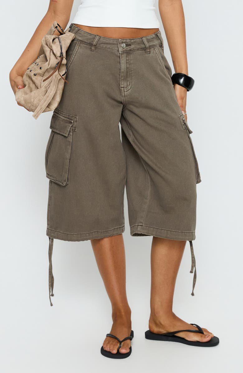 Princess Polly Hudsen Low Rise Longline Denim Cargo Shorts, Main, color, Khaki