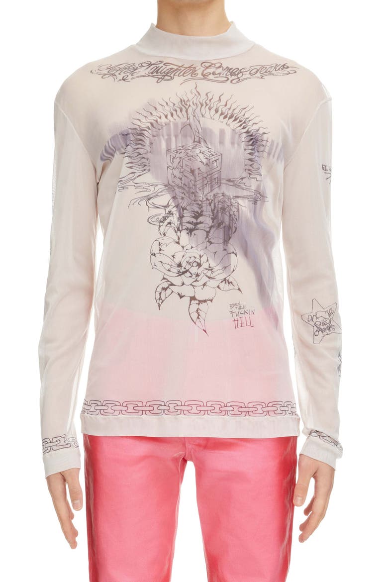 Tattoo Shrine Long Sleeve Mesh Top, Main, color, BEIGE