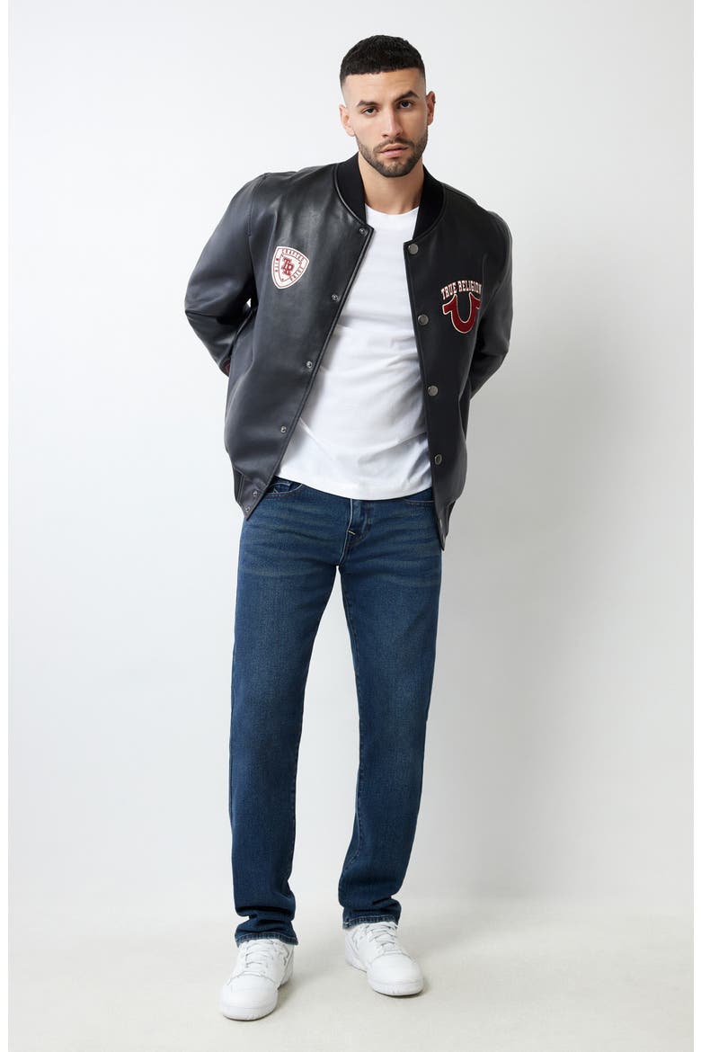 Faux Leather Varsity Jacket, Alternate, color, JET BLACK
