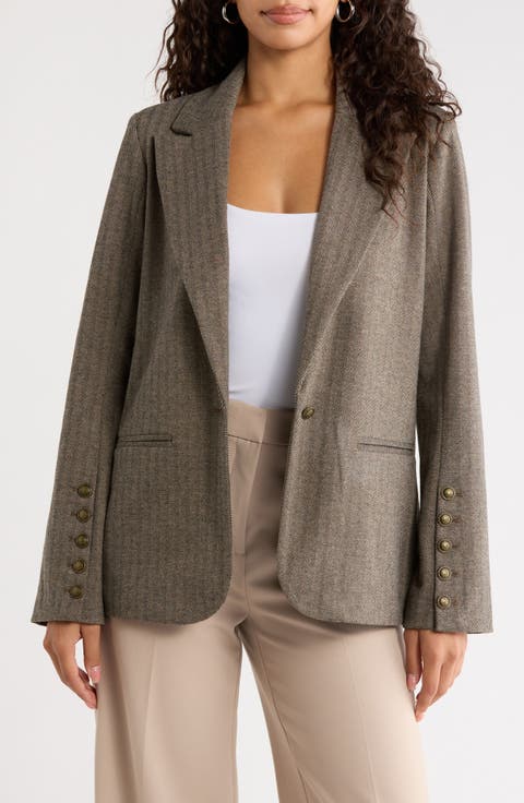Button Sleeve Herringbone Tweed Jacket