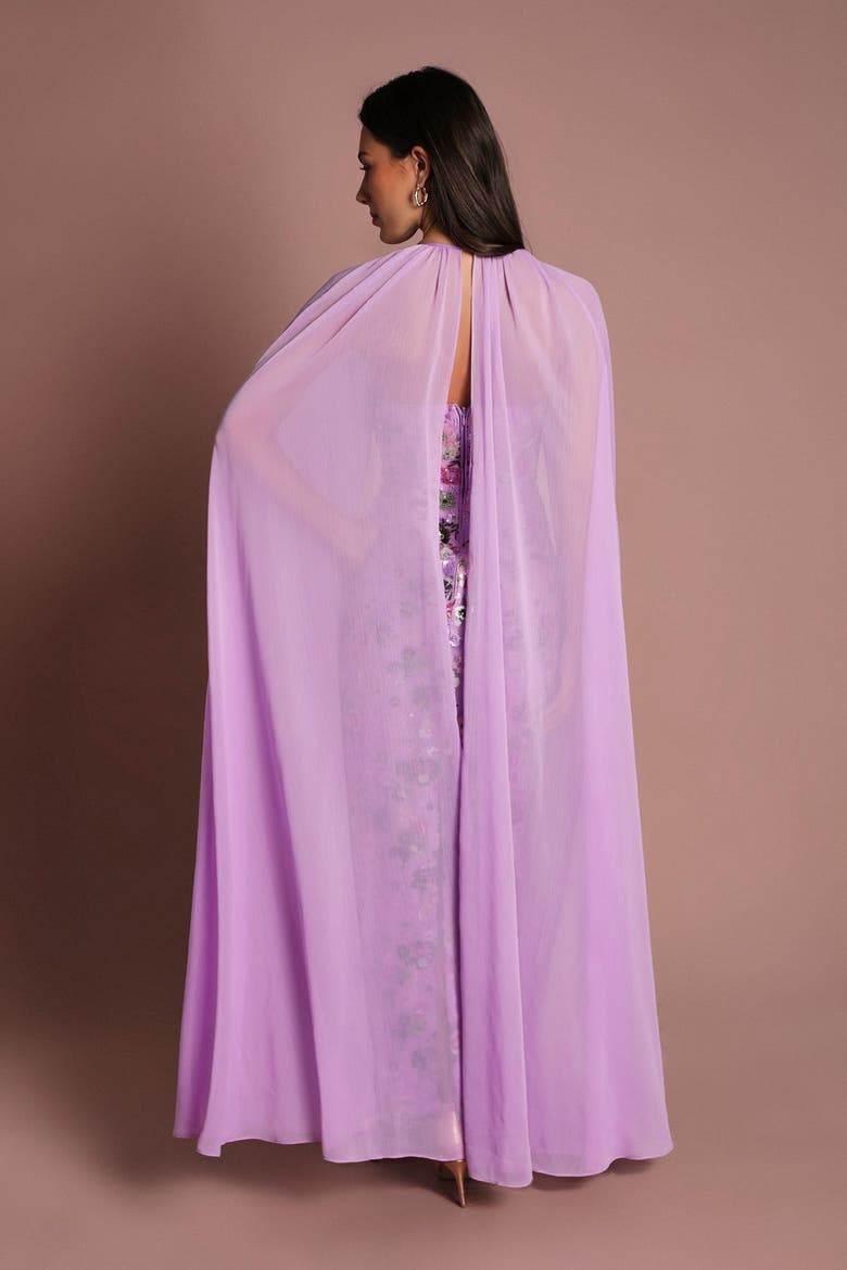 Mesh Floral Embellished Cape Maxi Dress, Alternate, color, Purple