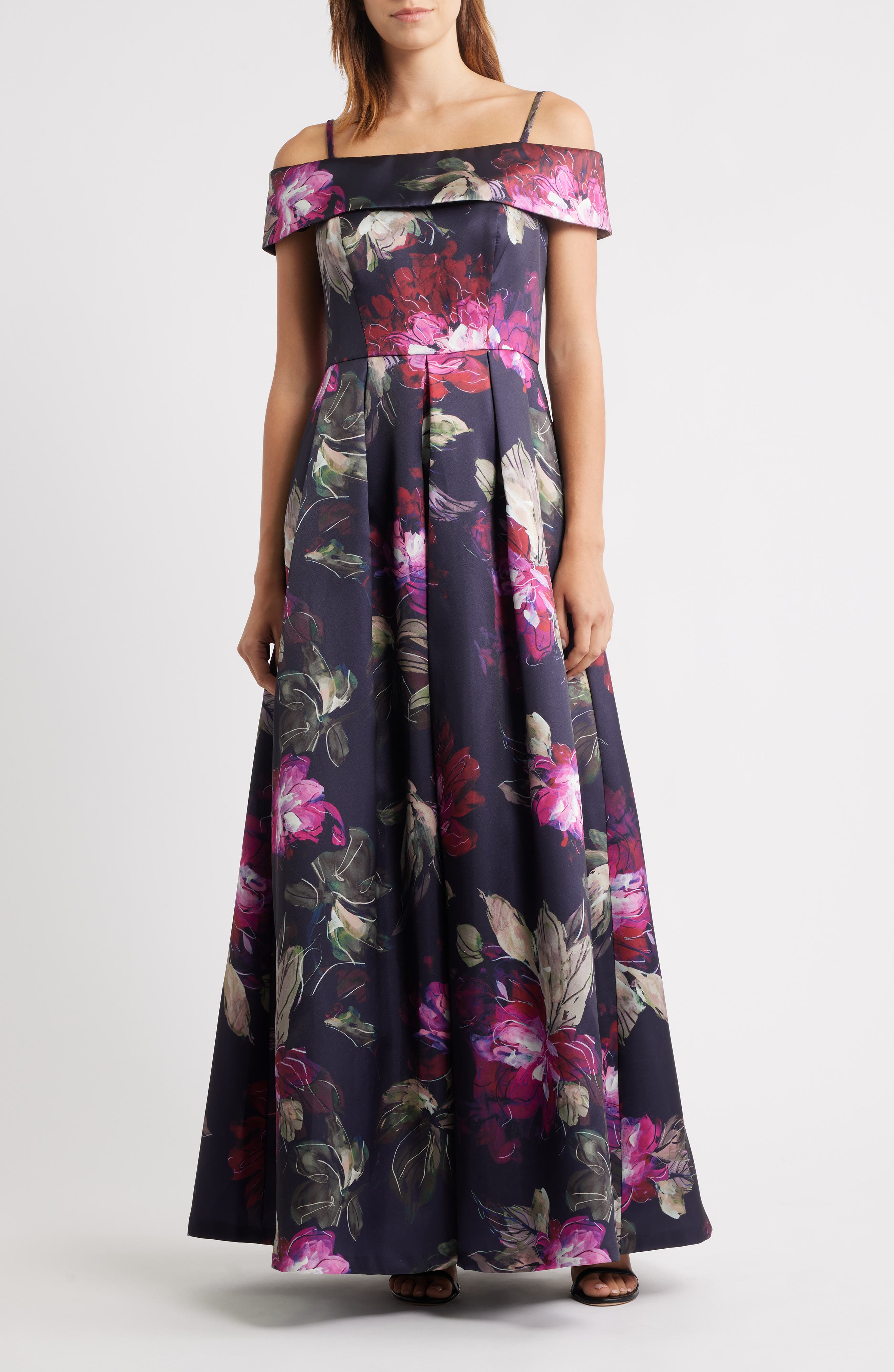 Eliza J Floral Off-the-Shoulder Gown in Navy Multi 