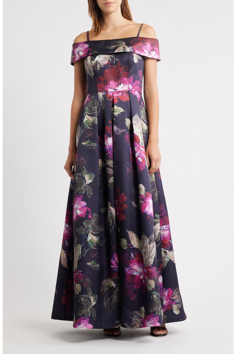 Floral Off-the-Shoulder Gown, Main, color, NAVY MULTI