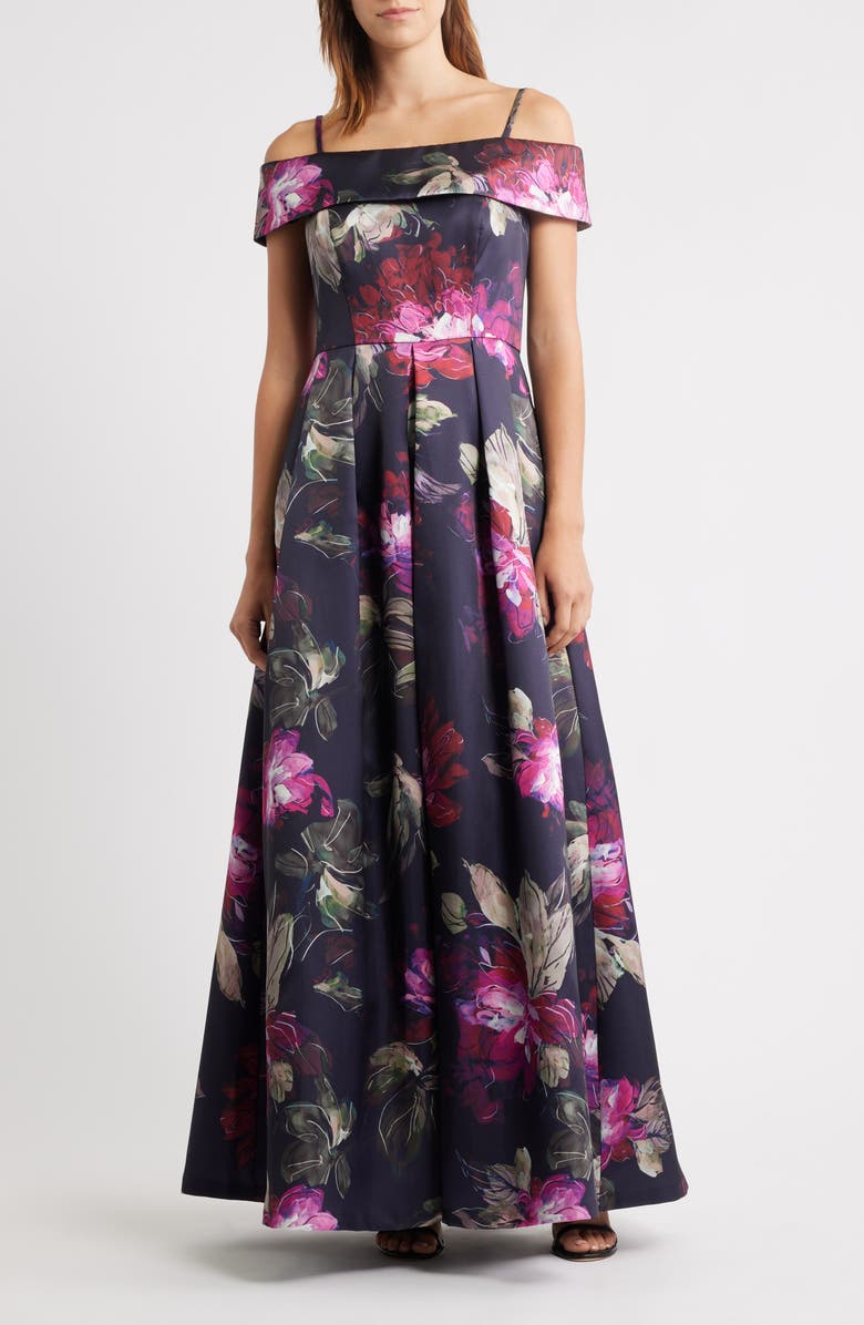 Eliza J Floral Off-the-Shoulder Gown, Main, color, Navy Multi