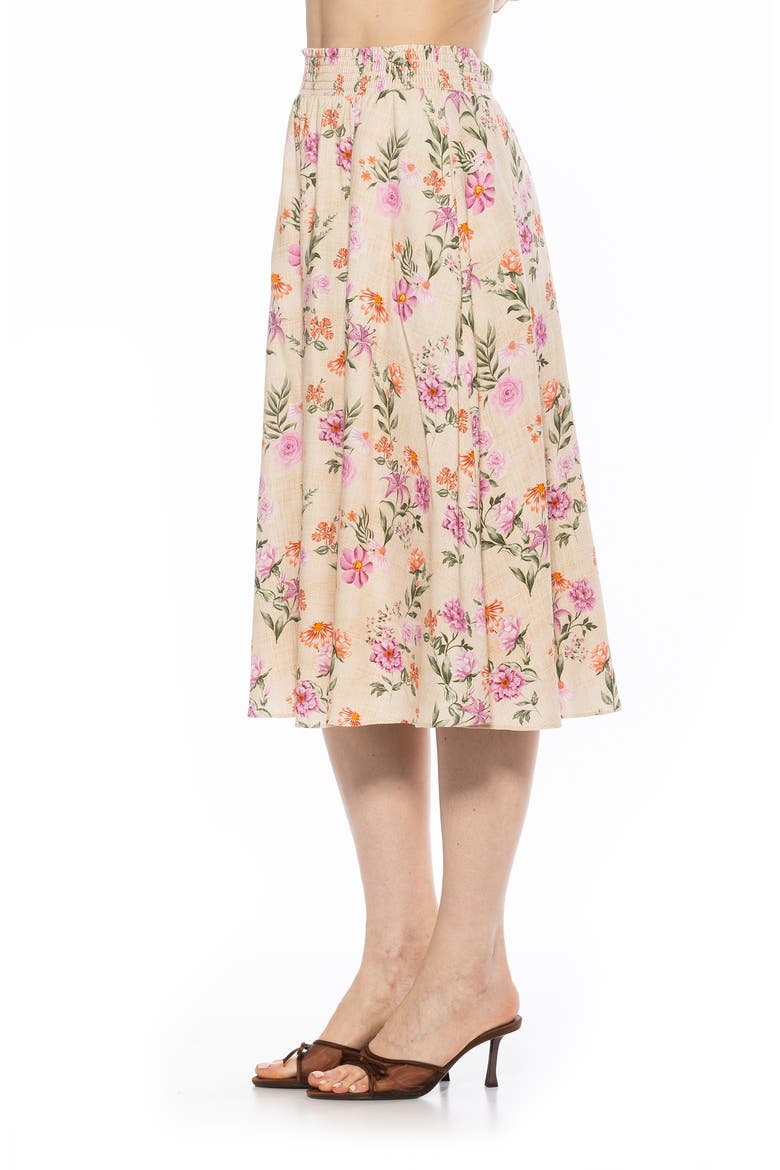 Kliene Floral Smocked A-Line Skirt, Alternate, color, BEIGE/ PINK FLORAL