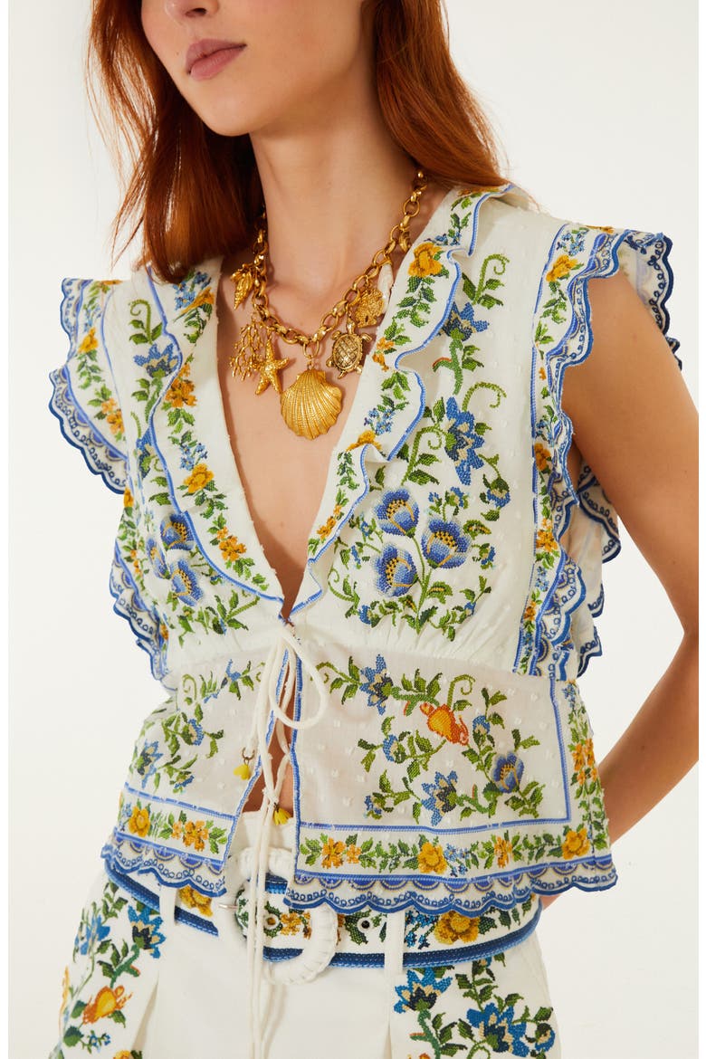 Emily Floral Deep V-neck Tie Front Top, Alternate, color, OFF-WHITE