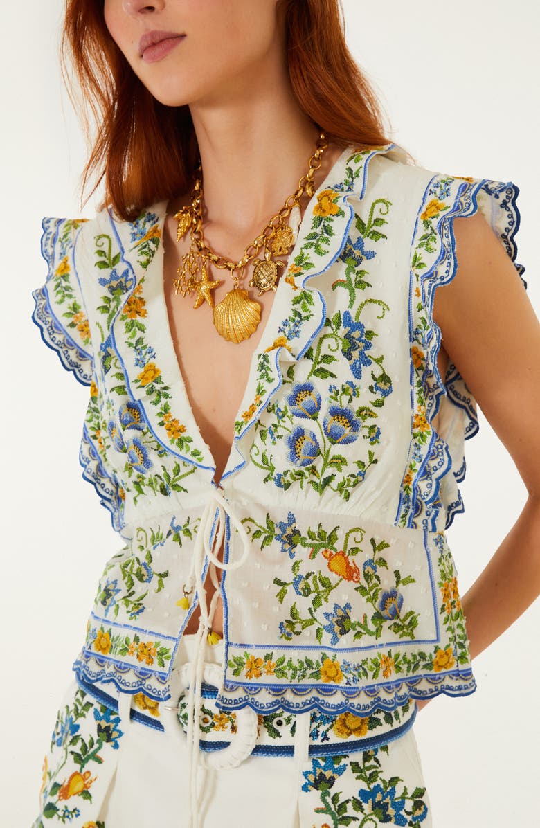 FARM Rio Emily Floral Deep V-neck Tie Front Top, Alternate, color, Off-White