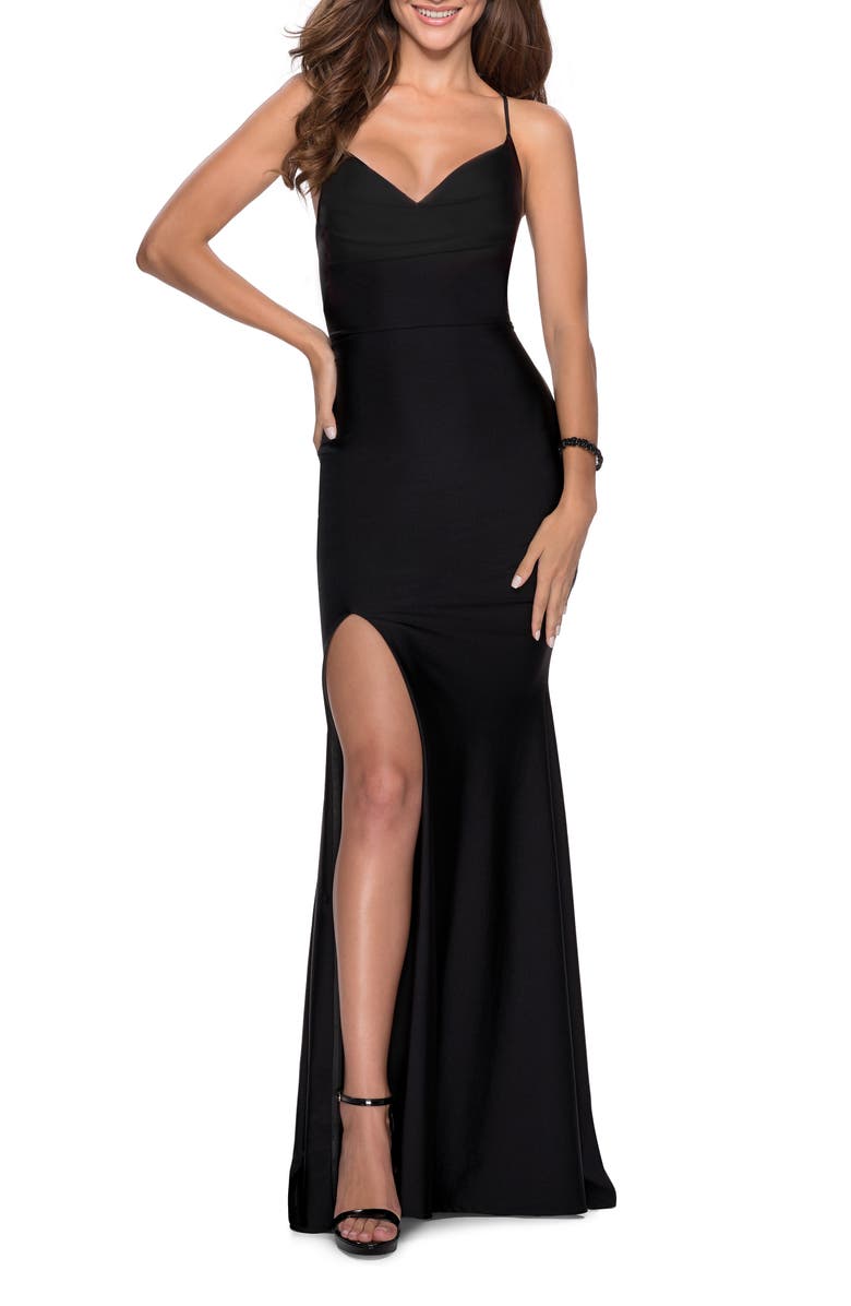 La Femme Jersey Column Gown, Main, color,