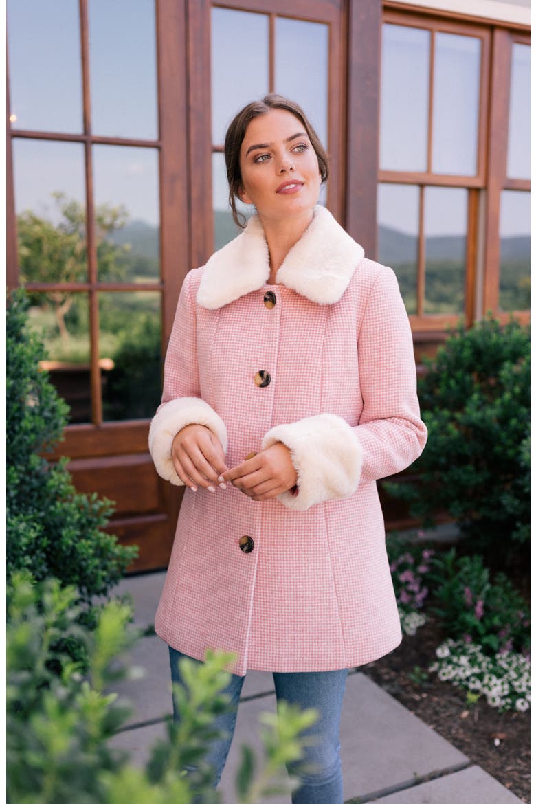 Eloise Check Coat with Faux Fur Trim (Nordstrom Exclusive), Alternate, color, PINK/ WHITE