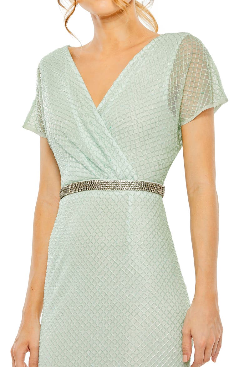 Short Sleeve Beaded V-Neck Gown, Alternate, color, SAGE