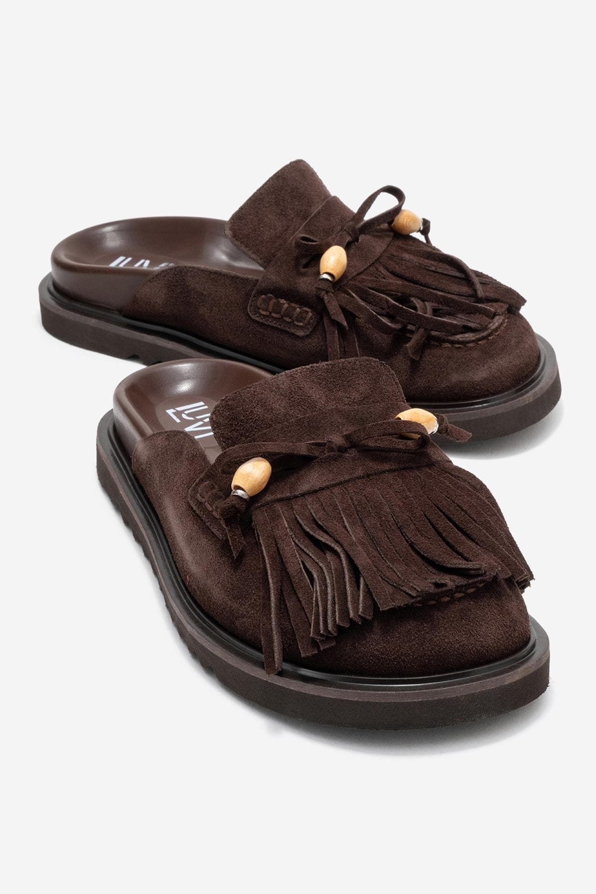 Carol Tassel Leather Mule, Alternate, color, Brown Suede Leather