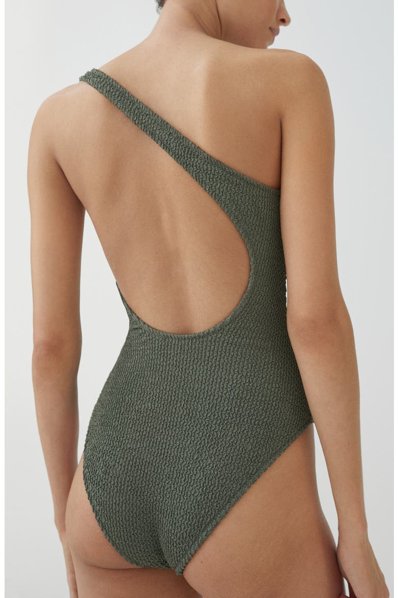 Textured One-Shoulder One-Piece Swimsuit, Alternate, color, OLIVE GREEN