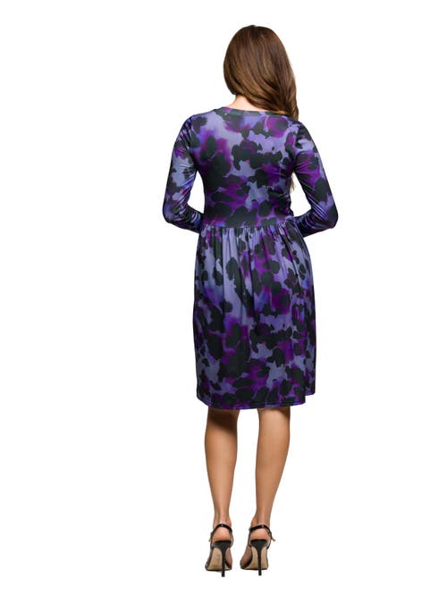 24seven Comfort Apparel Long Sleeve Empire Waist Dress Print In Purple