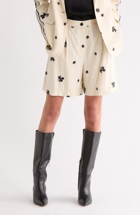 Floral Embroidered Pinstripe Shorts