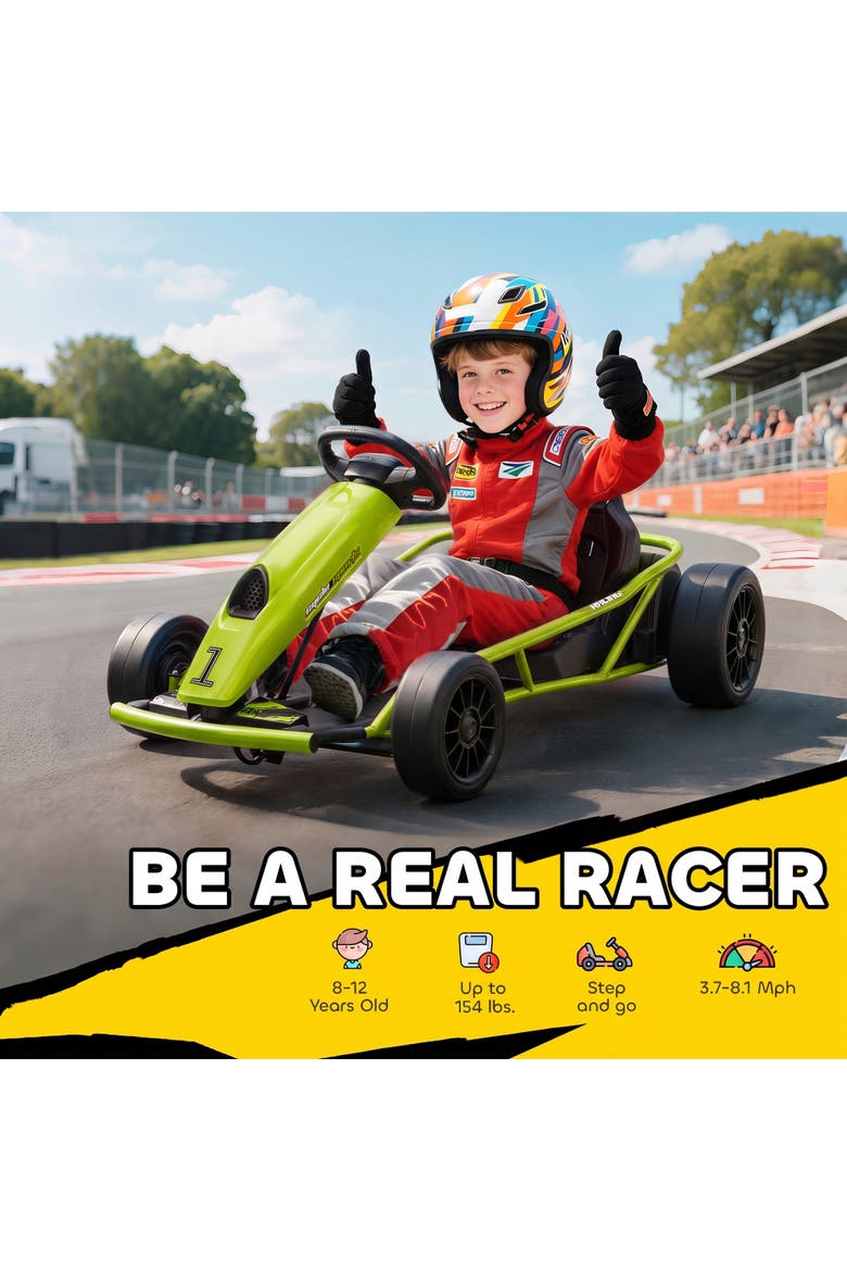 24V Drifting Electric Go Kart 8.1 MPH with Slow Start Music Horn Safety Belt, Alternate, color, Green